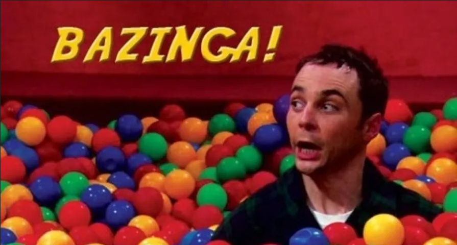 a screenshot of a scene of bazinga from big bang theory